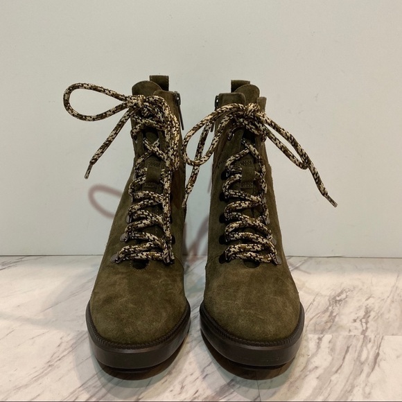 Aquatalia Ihana Water Resistant Lace Up Green Suede Heeled Boot 7M - Picture 2 of 13